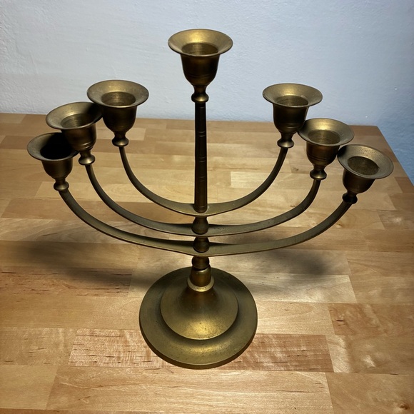 Vintage Brass Metal Seven-Branched Candelabra Jewish Menorah Candle Holders - Picture 5 of 8